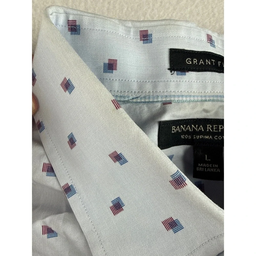 Banana Republic Grant Fit Mens Large Blue Geometric 120s Supima‎ Cotton Shirt